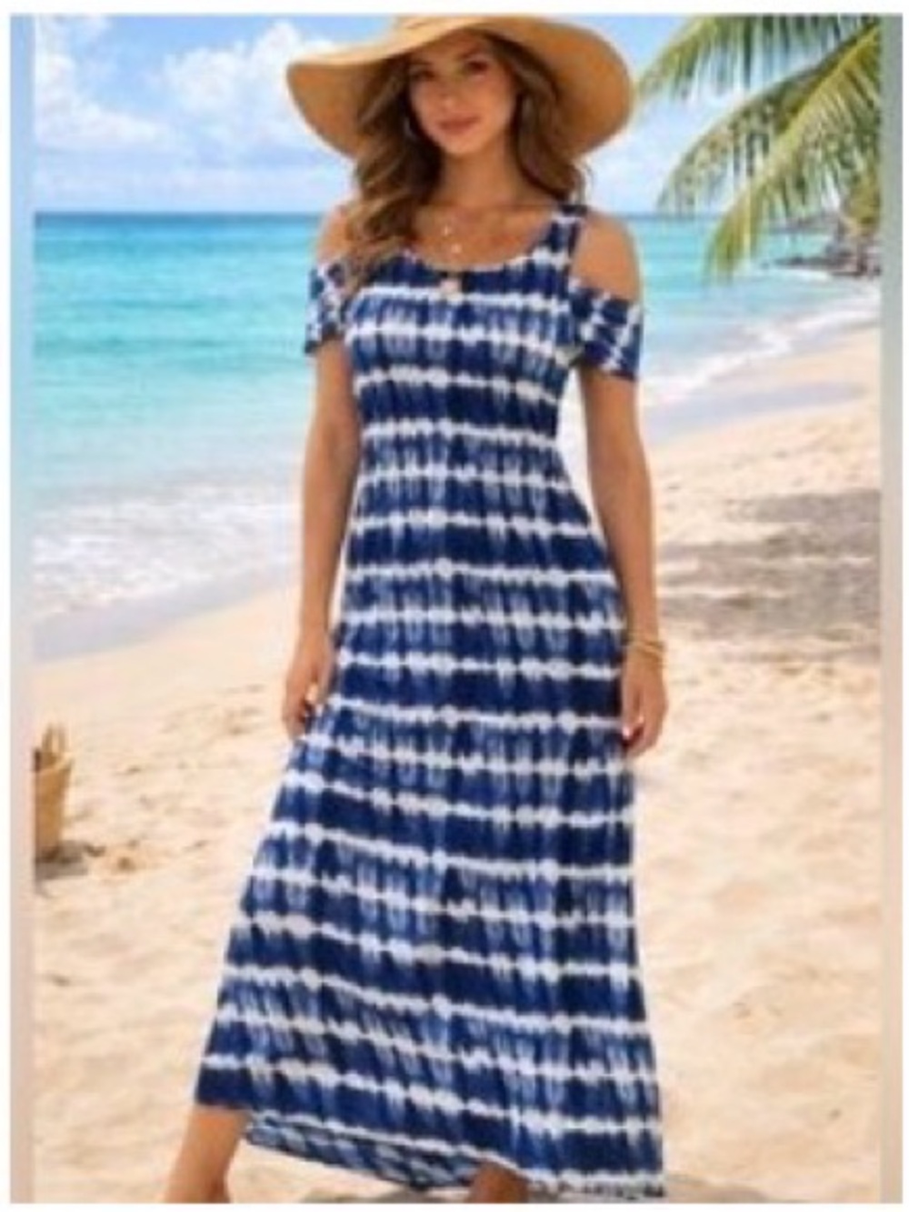 Design History blue and white tie dye maxi dress cold shoulder cut outs S